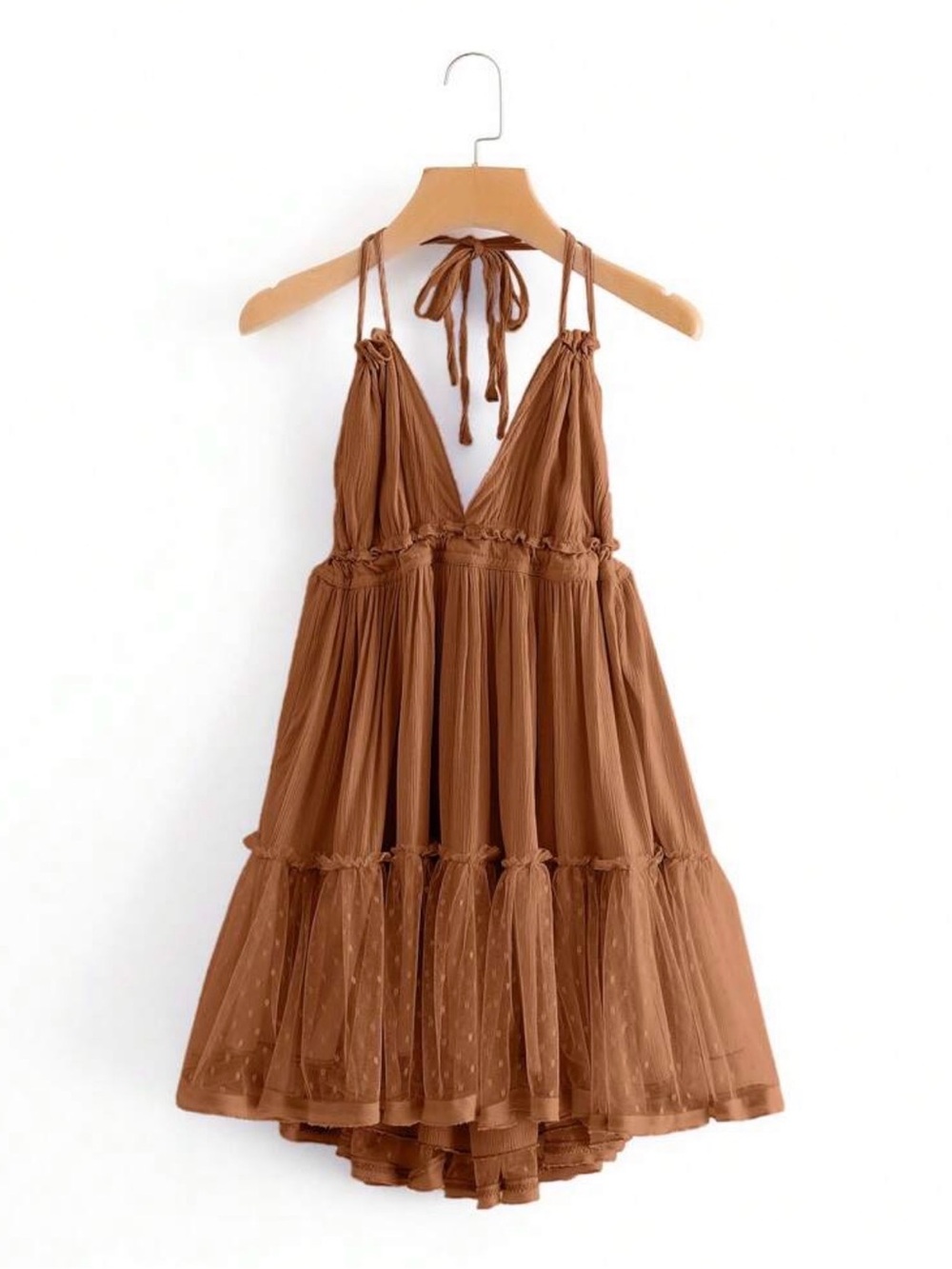 Brown Halter Ruffle Tiered Mini Dress